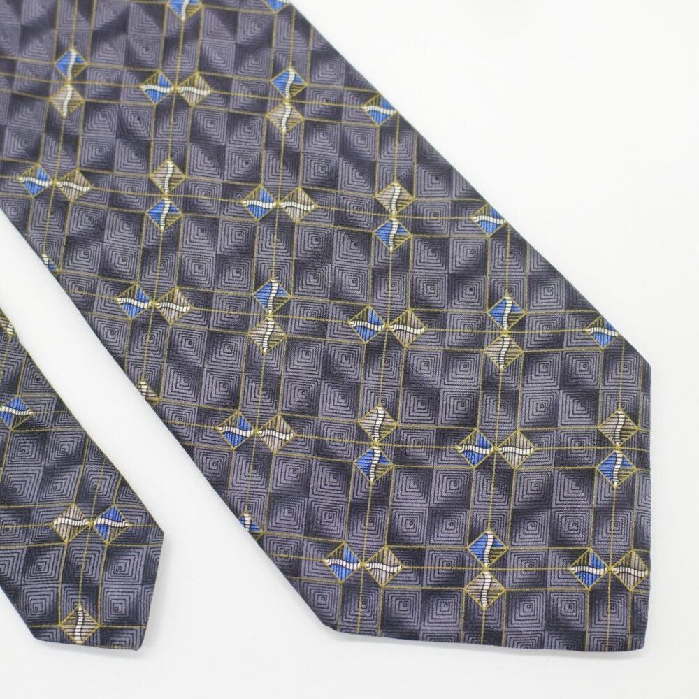 Jos A Bank Italy Gray Blue Beige Geometric Abstract Print Long Wide Silk Tie